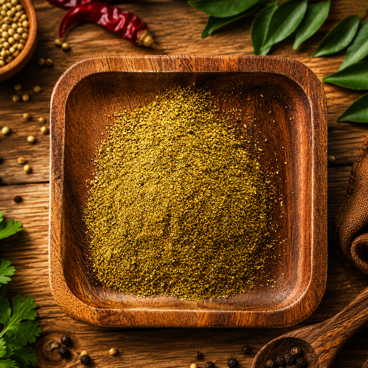 Authentic Chettinad masala powder in a rustic wooden bowl surrounded by whole spices and curry leaves on a warm wooden background