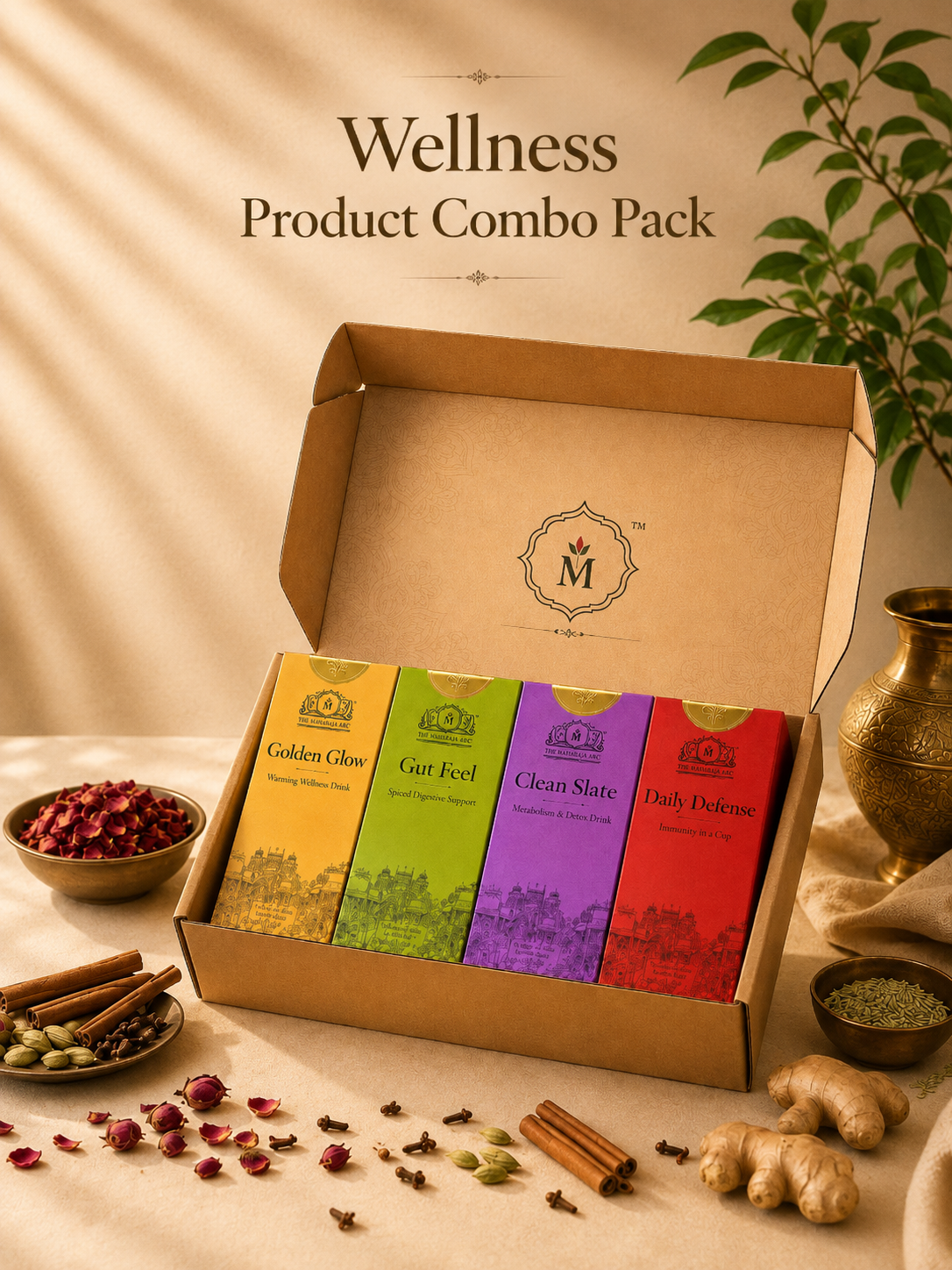 Premium Wellness Product Combo Pack gift box featuring Golden Glow, Gut Feel, Clean Slate, and Daily Defense herbal wellness drinks by The Mmasala Box Co.
