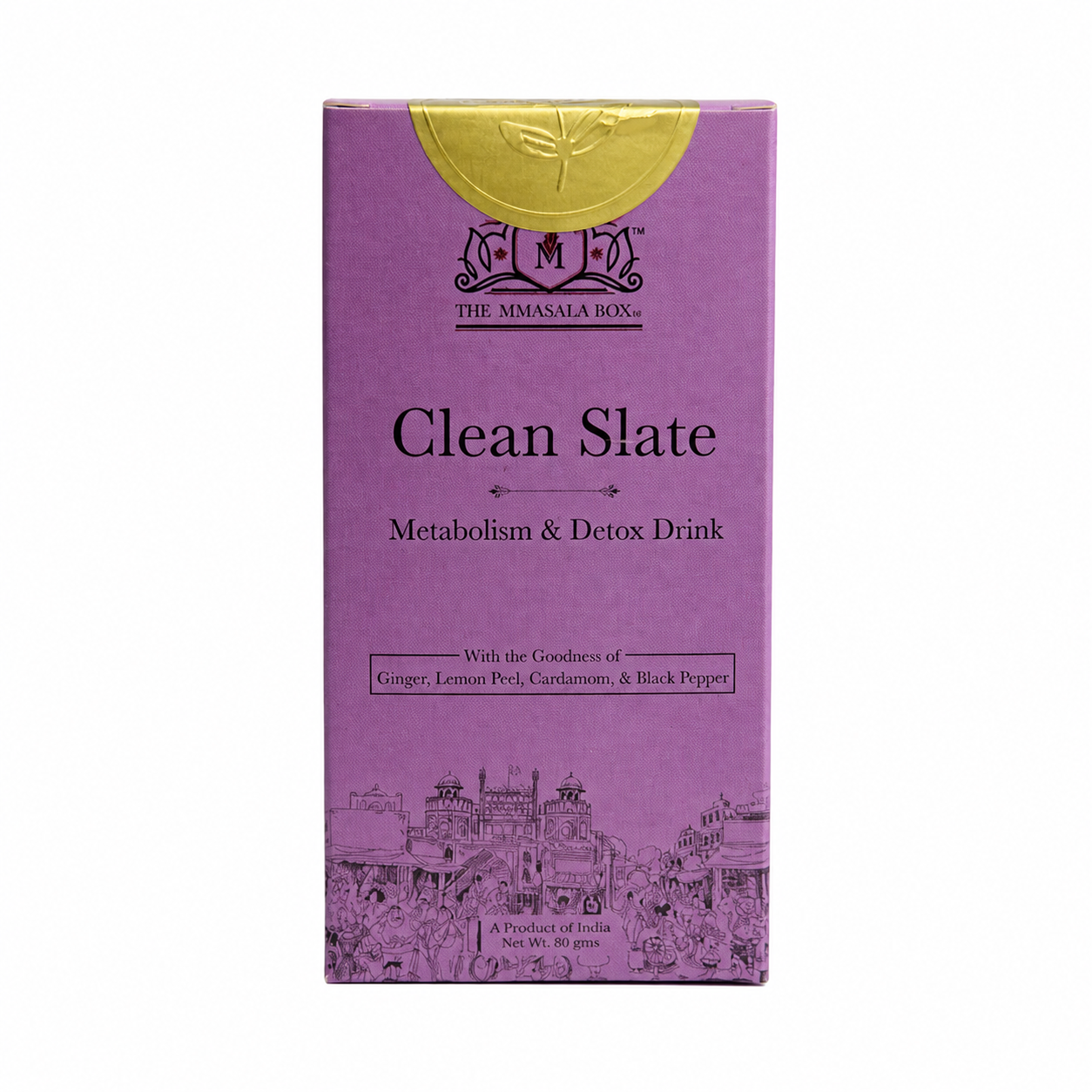 Premium Clean Slate metabolism and detox herbal drink packaging displayed beside a steaming glass cup of golden herbal tea on a wooden table, surrounded by ginger, lemon peel, cardamom, black pepper, and green natural background.