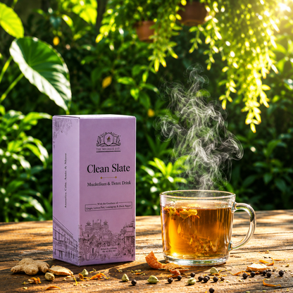 Clean Slate metabolism and detox herbal drink box placed beside a steaming glass cup of golden herbal tea on a rustic wooden table, with ginger, lemon peel, cardamom, black pepper, and lush green plants in the background.