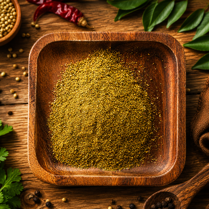 Authentic Chettinad masala powder in a rustic wooden bowl surrounded by whole spices and curry leaves on a warm wooden background