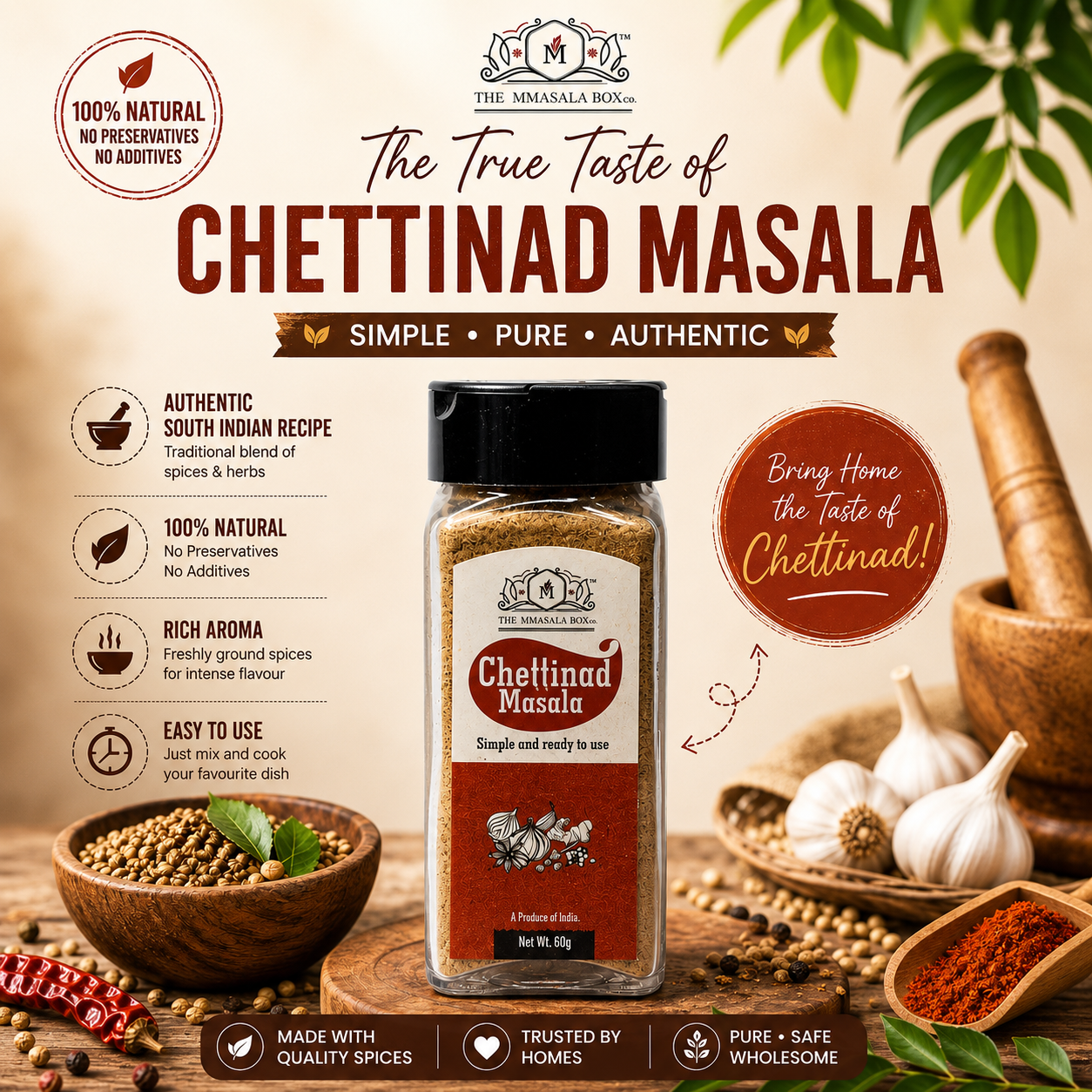 Chettinad Masala spice blend by The MMasala Box Co with traditional South Indian spices, garlic, chillies, and rustic cooking elements in premium product advertisement style