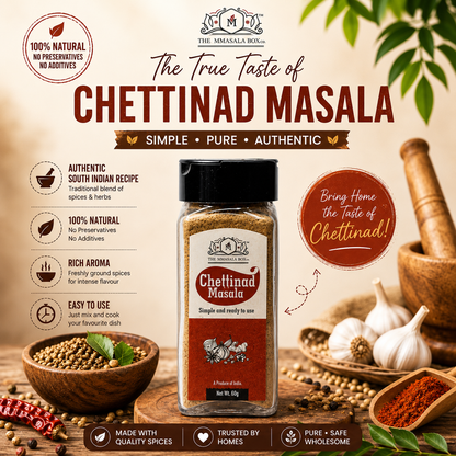 Chettinad Masala spice blend by The MMasala Box Co with traditional South Indian spices, garlic, chillies, and rustic cooking elements in premium product advertisement style