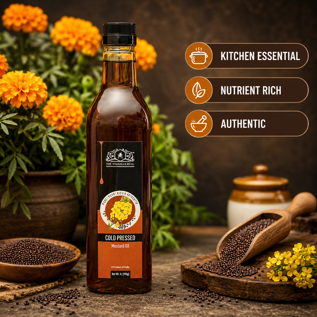 Cold pressed mustard oil bottle by The MMasala Box Co displayed with mustard seeds and marigold flowers in a premium kitchen-style setup.