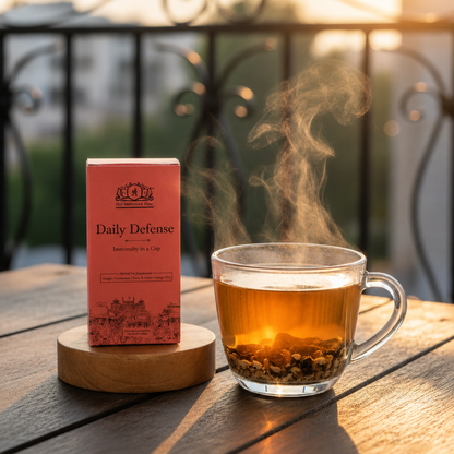 Daily Defense Immunity in a Cup herbal tea blend placed beside a steaming glass cup of amber tea on a wooden table in warm natural sunlight.