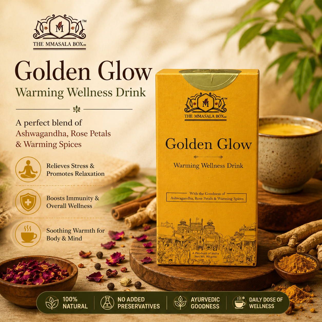 Golden Glow Warming Wellness Drink by The Mmasala Box Co. displayed with rose petals, spices, and a warm herbal drink, highlighting Ayurvedic wellness, relaxation, immunity support, and natural ingredients.