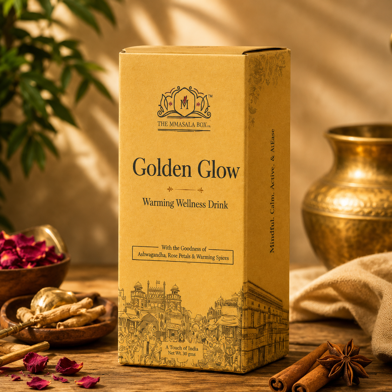 Golden Glow warming wellness drink box by The MMasala Box Co with ashwagandha, rose petals, and warming spices in a premium rustic wellness setup