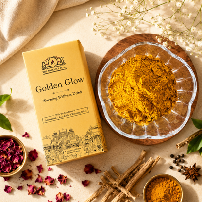 Golden Glow wellness drink by The Mmasala Box Co. displayed with a bowl of golden herbal powder, rose petals, and warming spices, highlighting natural wellness ingredients and comforting daily nourishment.