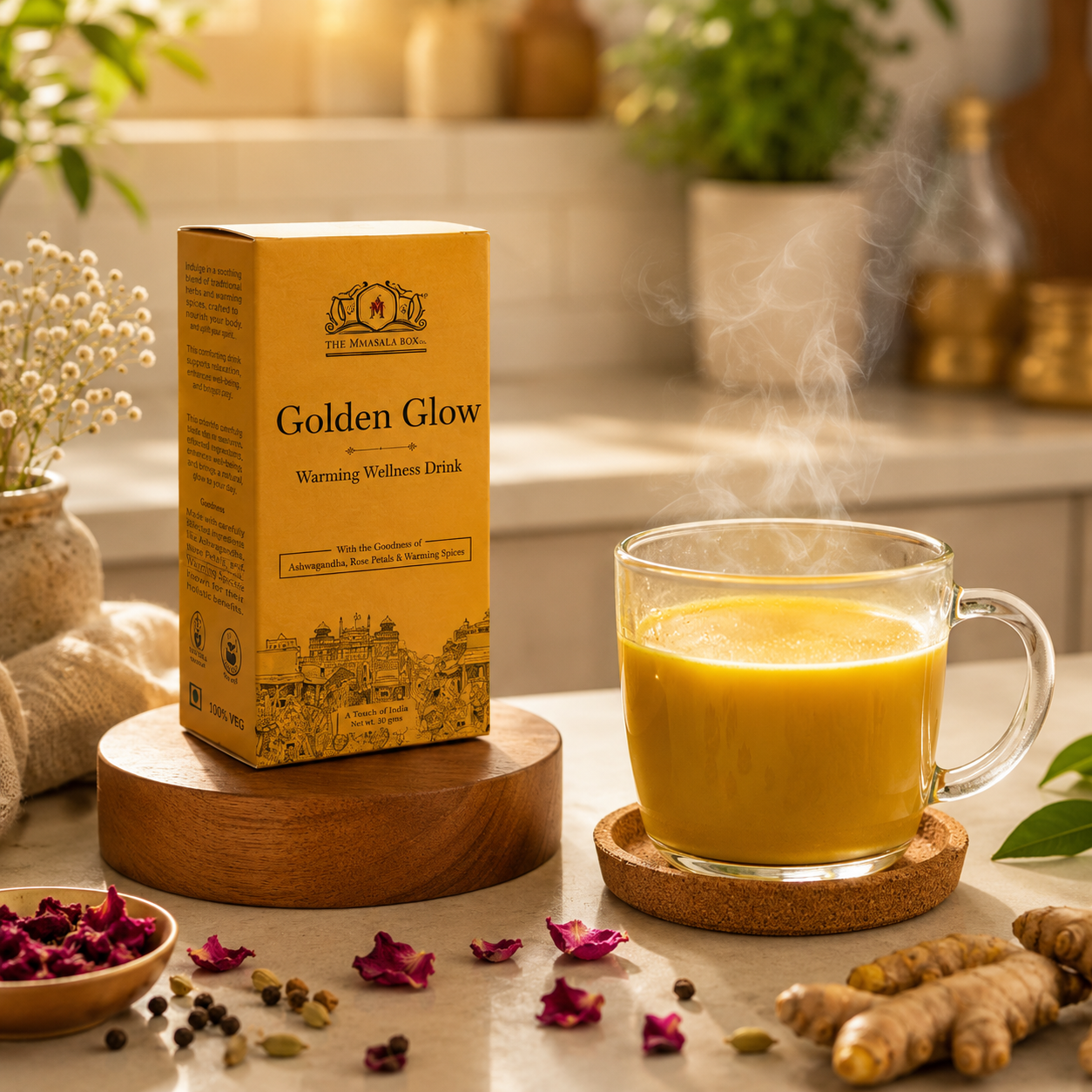 Golden Glow wellness drink by The MMasala Box Co served as a steaming herbal latte with turmeric, rose petals, and warming spices in a cozy kitchen setup