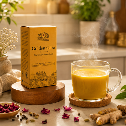 Golden Glow wellness drink by The MMasala Box Co served as a steaming herbal latte with turmeric, rose petals, and warming spices in a cozy kitchen setup