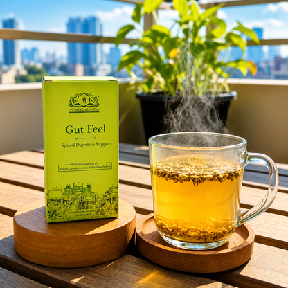 Gut Feel Spiced Digestive Support herbal tea box with steaming detox tea in a glass cup on a wooden table in natural sunlight.