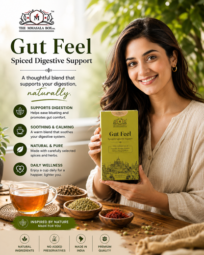 Lifestyle wellness poster featuring a smiling woman holding Gut Feel Spiced Digestive Support tea box with herbal tea, natural ingredients, and digestive health benefits.
