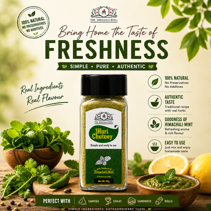 Hari Chutney mix by The Mmasala Box Co. displayed with fresh coriander, mint, green chili, and lemons, highlighting authentic homemade flavor, natural ingredients, and refreshing Himachali mint goodness.