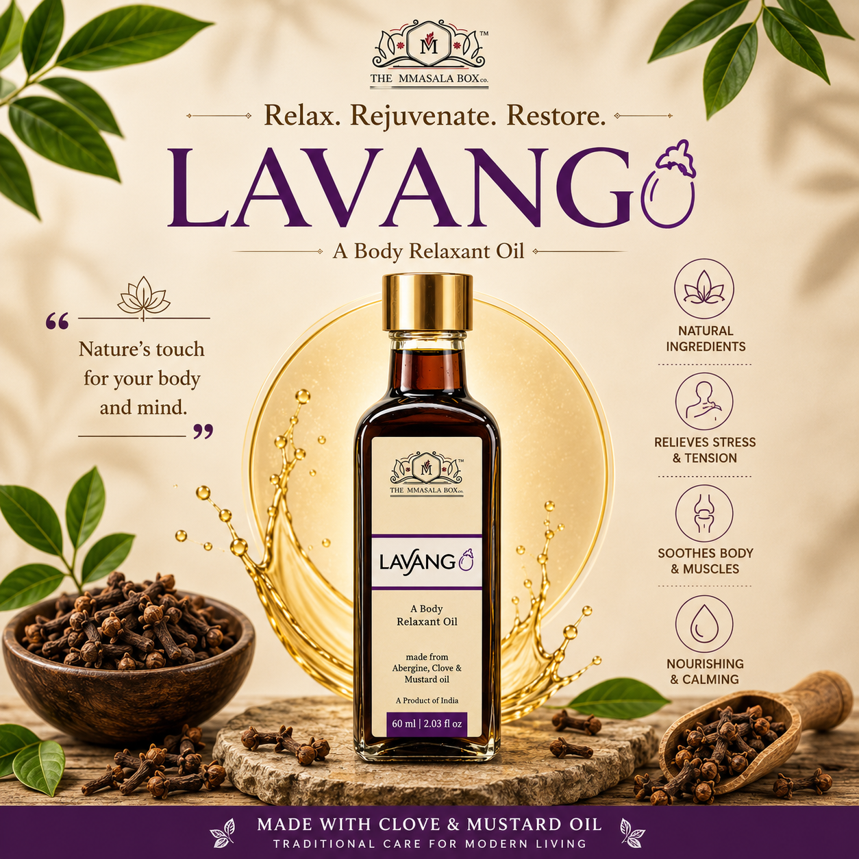 Lavang Body Relaxant Oil by The Mmasala Box Co. displayed with cloves, herbal leaves, and golden oil splash, highlighting natural ingredients, stress relief, muscle relaxation, and calming body care benefits.