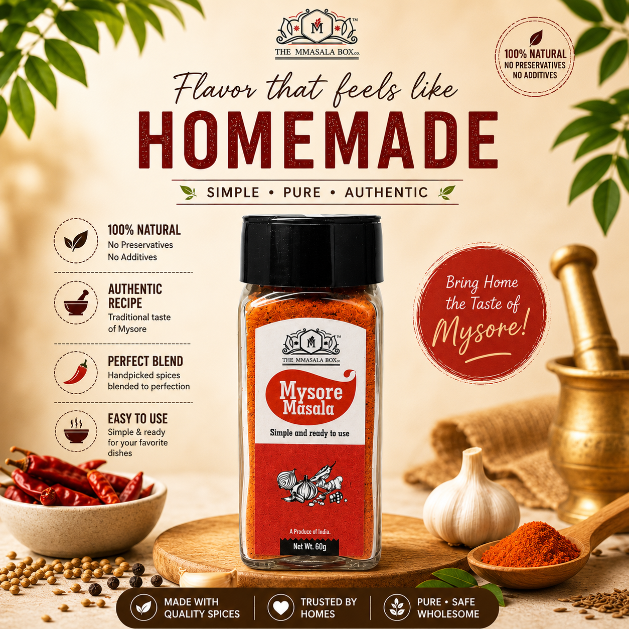 Mysore Masala spice blend by The Mmasala Box Co. displayed with traditional Indian spices, garlic, red chilies, and mortar-pestle, highlighting homemade flavor, authentic recipe, and 100% natural ingredients.