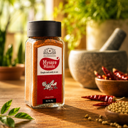 Premium Mysore Masala spice jar placed on a rustic wooden table with an aesthetic kitchen background, herbs, red chilies, and warm natural lighting.