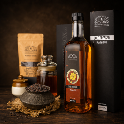 Premium cold pressed mustard oil bottle with luxury black packaging, mustard seeds, and rustic styling on a dark aesthetic background.