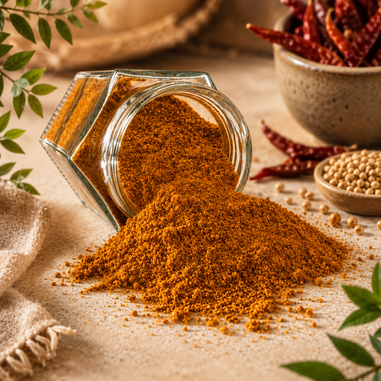 Premium Mysore Masala spice powder spilled from a glass jar with an aesthetic rustic kitchen background, warm lighting, herbs, and whole spices.