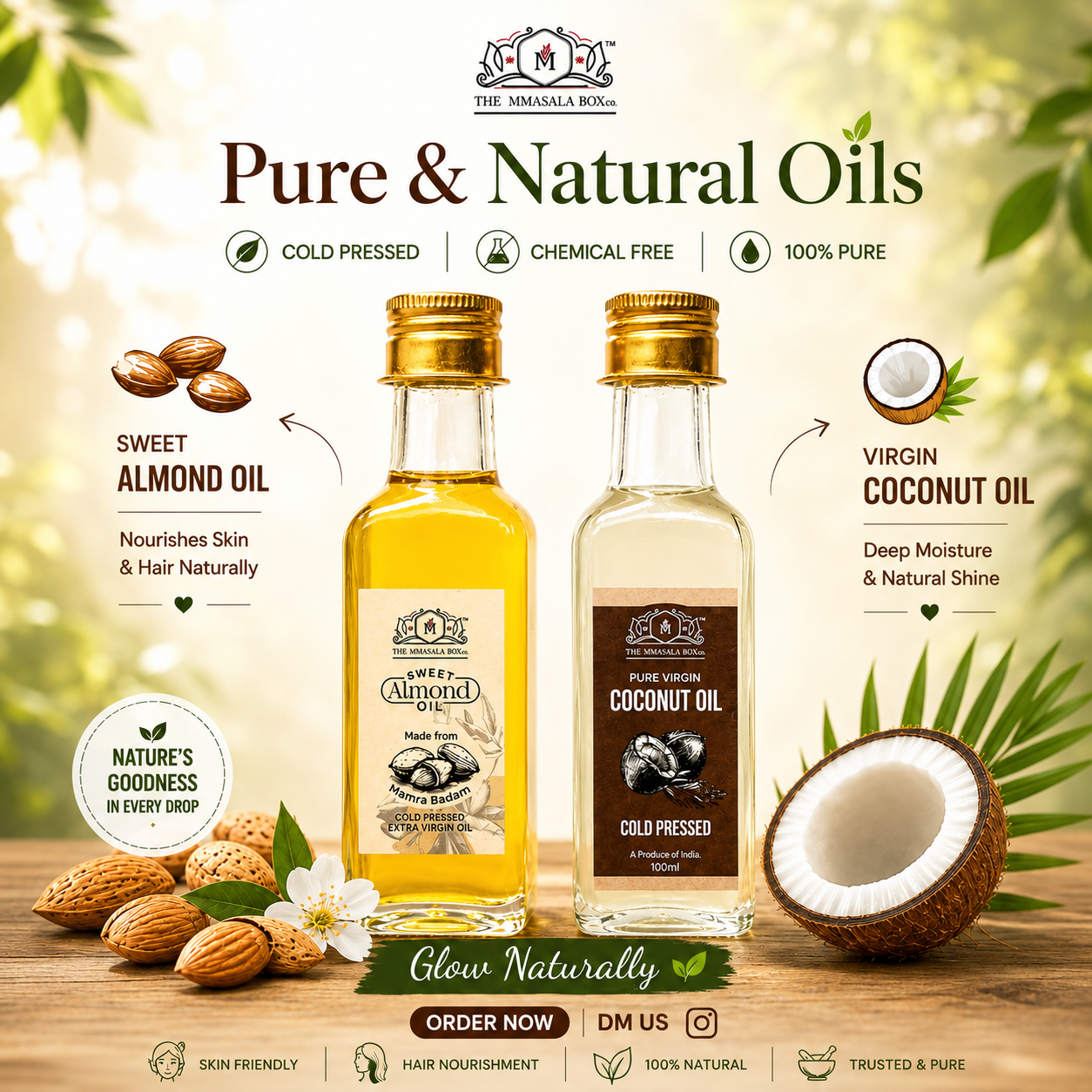 Premium Pure & Natural Oils creative featuring Sweet Almond Oil and Virgin Coconut Oil bottles with natural ingredients, botanical elements, and skincare wellness branding by The MMasala Box Co.