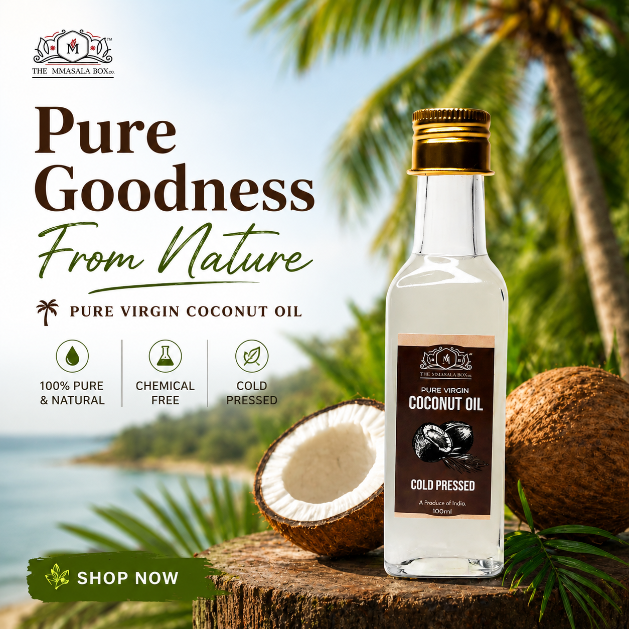 Pure Virgin Coconut Oil bottle by The Mmasala Box Co. displayed with fresh coconuts and tropical background, highlighting cold pressed, chemical-free, and 100% natural oil benefits.