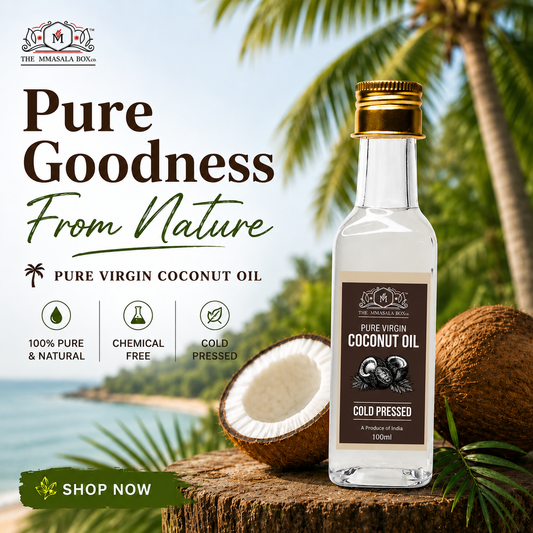 Pure Virgin Coconut Oil by The Mmasala Box Co. displayed with fresh coconuts and tropical palm background, highlighting cold pressed, chemical-free, and 100% natural oil benefits for daily wellness and nourishment.
