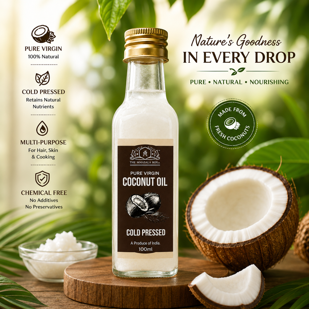 Pure Virgin Coconut Oil by The Mmasala Box Co. displayed with fresh coconuts and tropical leaves, highlighting cold pressed, chemical-free, multi-purpose natural oil for hair, skin, and cooking.