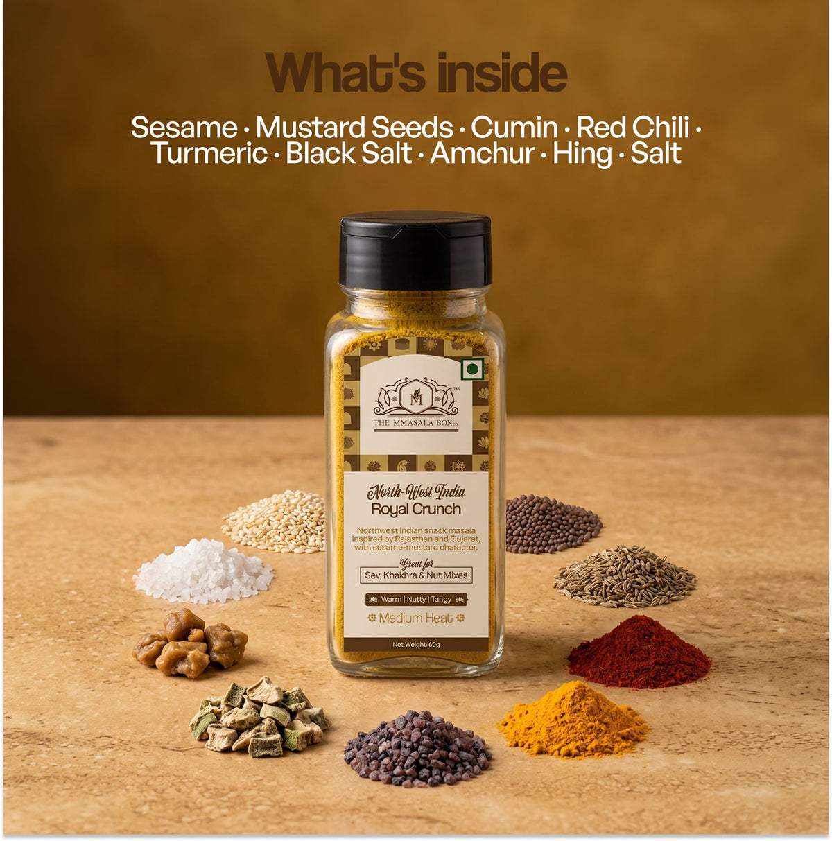 Royal Crunch Indian snack seasoning with warm, nutty, tangy flavor and medium heat