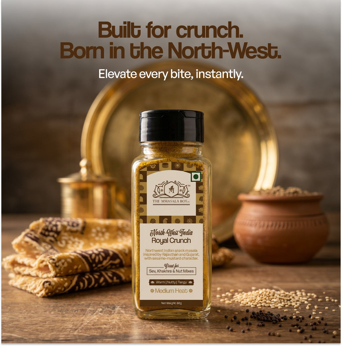 Royal Crunch Masala with sesame, mustard seeds, cumin, red chilli, turmeric and traditional Indian spices