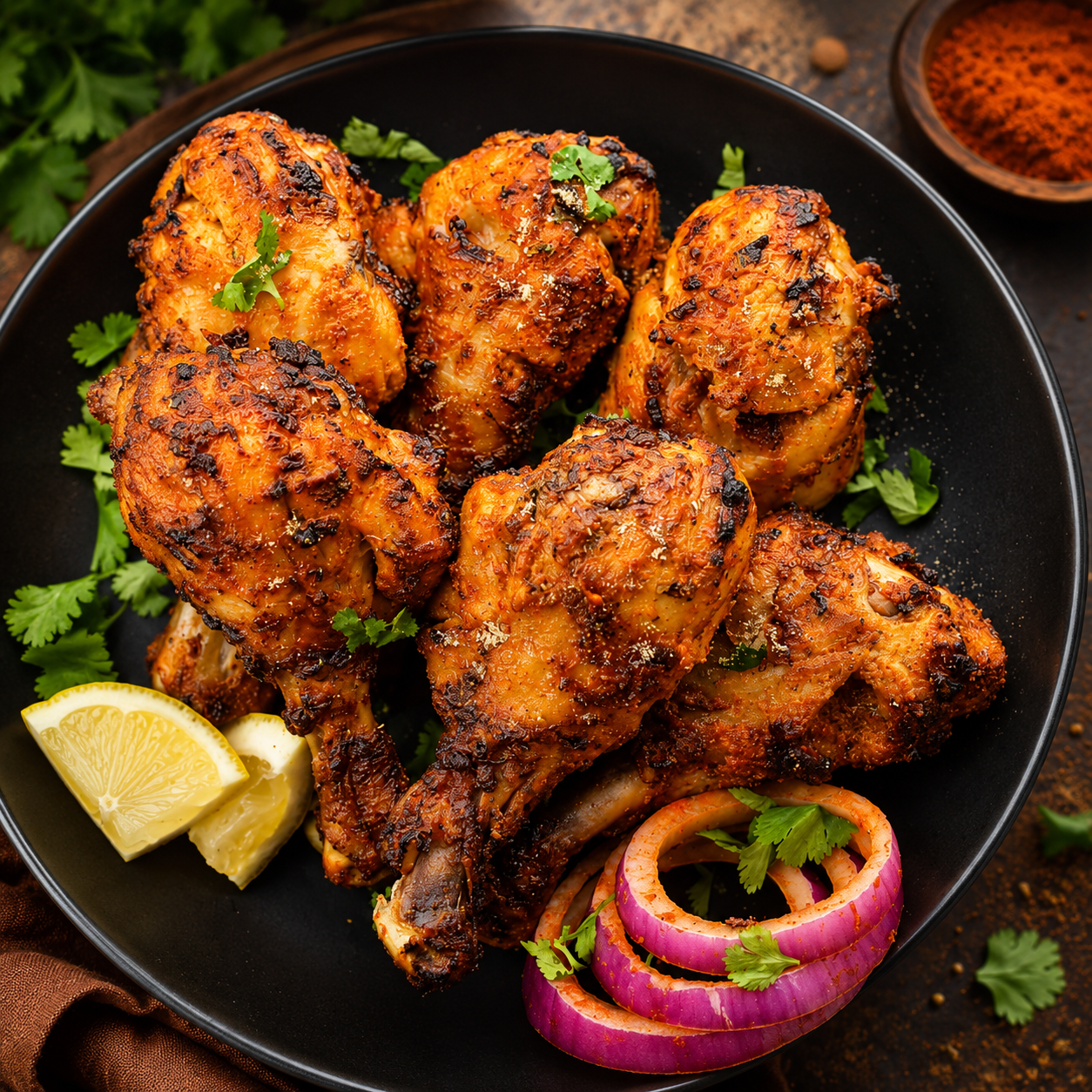 Aesthetic food photography of spicy grilled chicken drumsticks served on a black plate with onion rings, lemon wedges, herbs, and a rustic dark background.