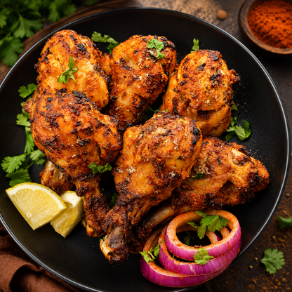 Aesthetic food photography of spicy grilled chicken drumsticks served on a black plate with onion rings, lemon wedges, herbs, and a rustic dark background.