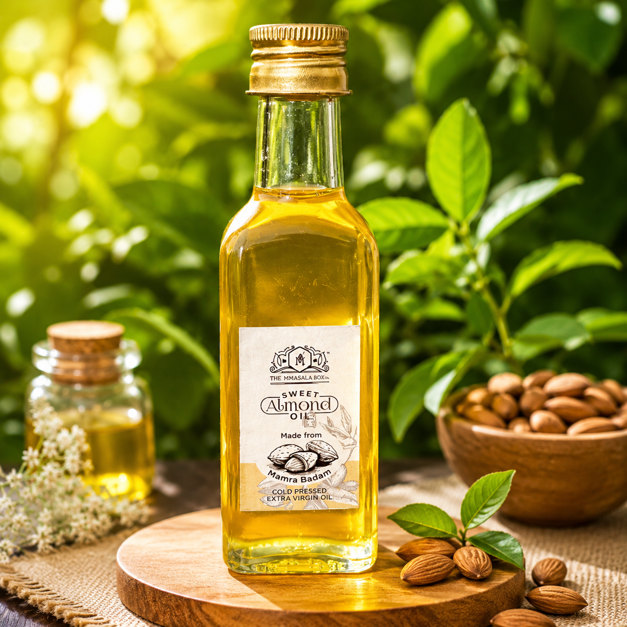 Cold Pressed Sweet Almond Oil by The MMasala Box Co displayed with almonds and green natural background in premium product photography style