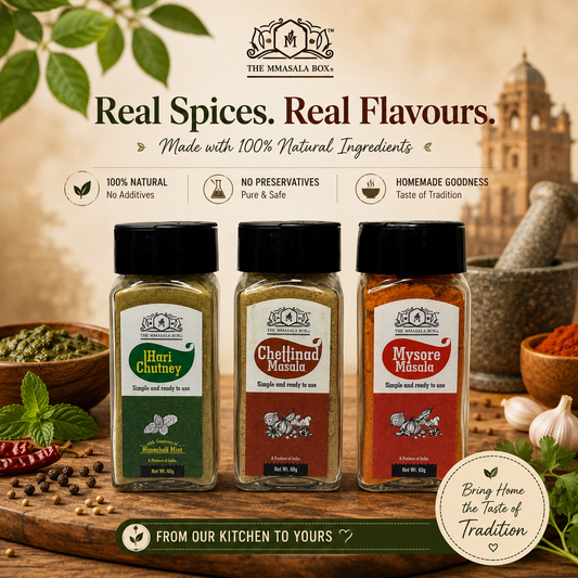 Hari Chutney, Chettinad Masala, and Mysore Masala by The Mmasala Box Co. displayed together with traditional Indian spices and herbs, highlighting homemade flavor and authentic ingredients.